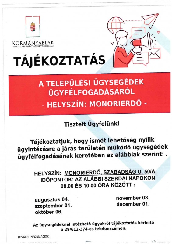 | Települési ügysegéd ügyfélfogadása Monorierdőn